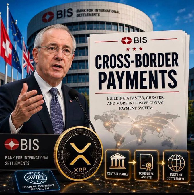 The image shows a BIS (Bank for International Settlements) official speaking in front of a building, alongside a "Cross-Border Payments" report cover promoting a faster, cheaper, and more inclusive global payment system, with XRP and SWIFT logos displayed at the bottom. The graphic relates to the post's news about the US Senate's upcoming Clarity Act vote, connecting it to broader themes of reshaping international payment infrastructure where XRP and the XRPLedger could play a role.