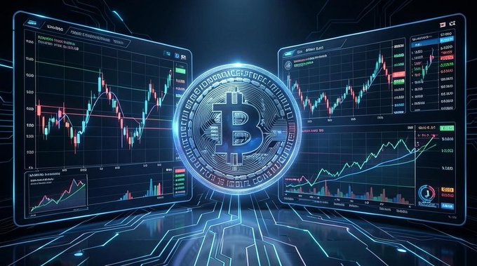 A digital illustration showing Bitcoin and cryptocurrency trading charts displayed on curved monitors with a large Bitcoin coin emblem in the center against a blue circuit board background.
