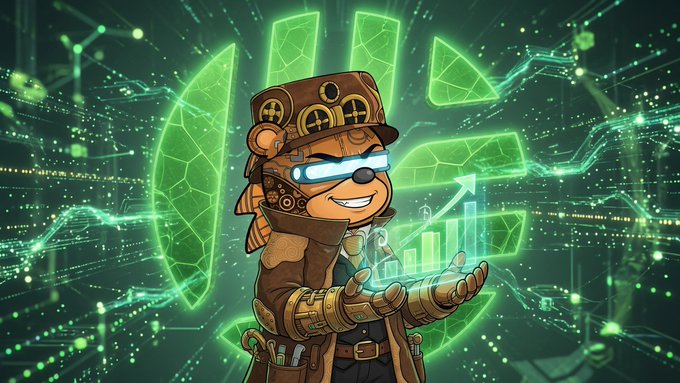 A cartoon monkey in steampunk gear and glowing visor projects a holographic upward bar chart in front of a tech-circuit background, visualizing community-driven growth and onchain curation. The image reinforces the post's message that CNPY Network's community—not centralized rails—selects which AI-backed ideas deserve their own chains.