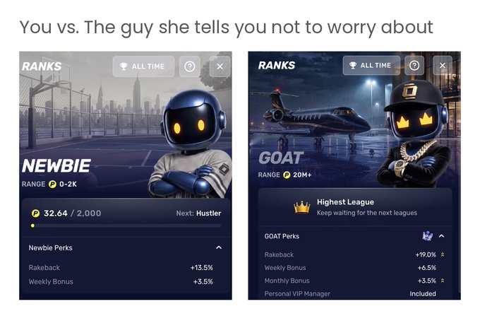 A meme comparing two gaming rank screens captioned 'You vs. The guy she tells you not to worry about,' showing a 'Newbie' rank (range 0-2K) with 32.64 points versus a 'GOAT' rank (range 20M+) in the Highest League.