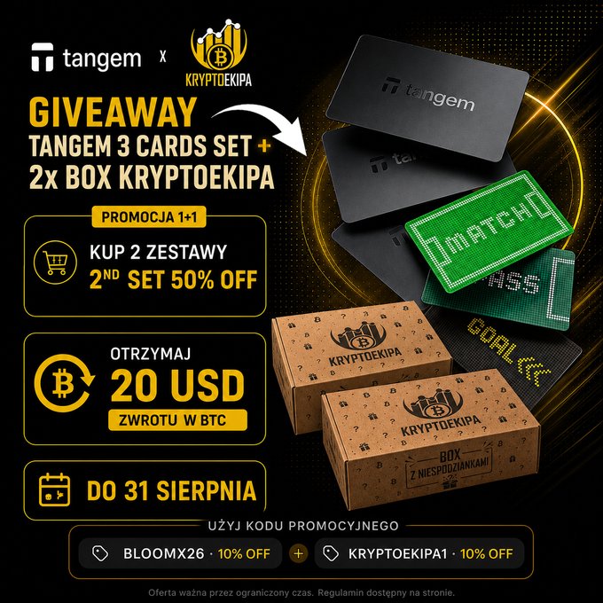 The image is a promotional graphic advertising a Tangem x KryptoEkipa giveaway featuring a 3-card Tangem wallet set plus 2 KryptoEkipa boxes, with a "buy 2 get 2nd set 50% off" deal and a 20 USD BTC cashback offer valid until August 31, using promo codes BLOOMX26 and KRYPTOEKIPA1 for 10% off each.