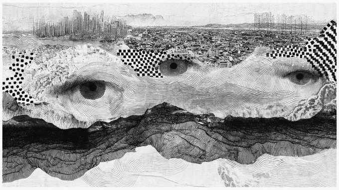 A surreal black and white illustration featuring a human face with eyes embedded in a landscape of mountains and a cityscape, with halftone dot patterns overlaying parts of the image.