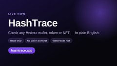 A promotional graphic for HashTrace with the tagline "Check any Hedera wallet, token or NFT — in plain English" highlights its features: read-only access, no wallet connect, and wash-trade risk detection, directing users to hashtrace.app. The ad visually supports the post's message by showcasing the platform's straightforward, no-coding-required crypto analysis tool.
