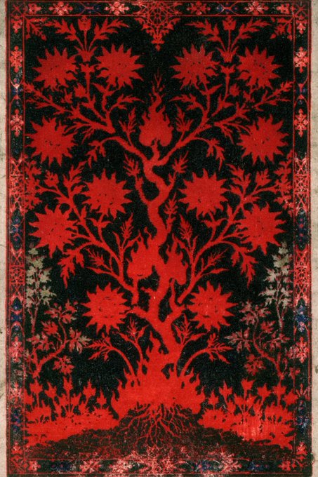 A vibrant red and black "Tree of Life" design rug, likely a digital NFT art piece sold on the SuperRare platform. The image visually represents the "Ace" collection being promoted for collectors to purchase, with the bold floral tree imagery evoking themes of growth, rarity, and value central to the post's call to action.