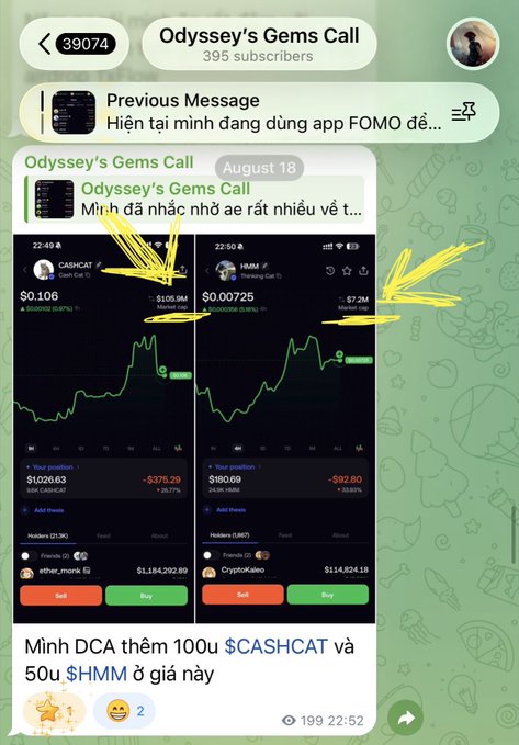The image shows a Telegram message from "Odyssey's Gems Call" channel dated August 18, featuring two cryptocurrency trading screenshots showing positions in $CASHCAT (entry at $0.106, $9,026.63 position) and $HMM (entry at $0.00725, $180.69 position), with the caption expressing gratitude to members for their persistence in DCA'ing these tokens, which have since gained +140% and +200% respectively.