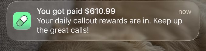 A phone notification reading "You got paid $610.99. Your daily callout rewards are in. Keep up the great calls!" appears over a blurry background, illustrating the post's claim about a small creator earning over $600 in a single day from Pumpfun callout rewards despite having a modest following.