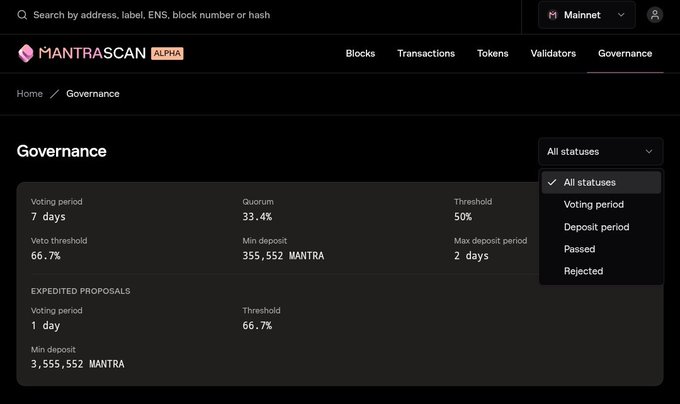 A screenshot of the MantraScan blockchain explorer showing the Governance page, with details like a 7-day voting period, 33.4% quorum, and 50% threshold for MANTRA token proposals.