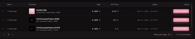 A dark-themed NFT marketplace dashboard displaying purchase records, including "10,000 FWA" and "TenThousandTokens #506/#1470," with columns for Date, Paid, NFT Price, Status, and Action buttons.