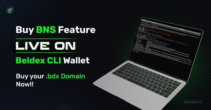 An advertisement for "Beldex" announcing "Buy BNS Feature LIVE ON Beldex CLI Wallet" with the prompt "Buy your .bdx Domain Now!!" alongside an image of a laptop displaying a terminal interface.