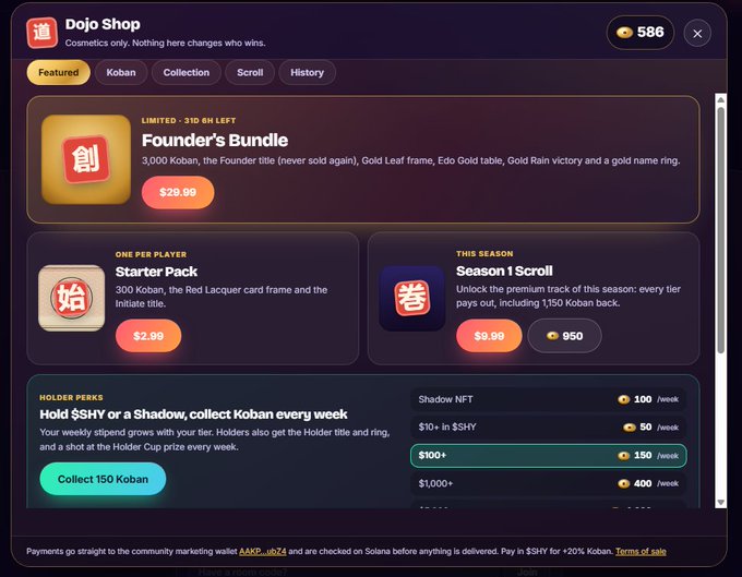 Screenshot of a 'Dojo Shop' interface with tabs for Featured, Koban, Collection, Scroll, and History, showing items for sale including a 'Founder's Bundle' for $29.99, 'Starter Pack' for $2.99, and 'Season 1 Scroll' for $9.99, with a user balance of 586 Koban.