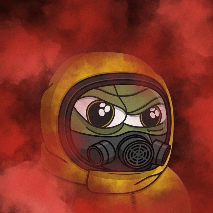 The image features a cartoon character wearing a yellow jumpsuit, which appears to be a gas mask. The character has a green face with big eyes and an angry expression. The caption "Gm degens!" suggests that this character might be related to the game GM Degens!.