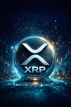A glowing circular emblem with the XRP logo and 'XRP' text displayed against a starry night sky with a cityscape silhouette and candlestick chart elements.