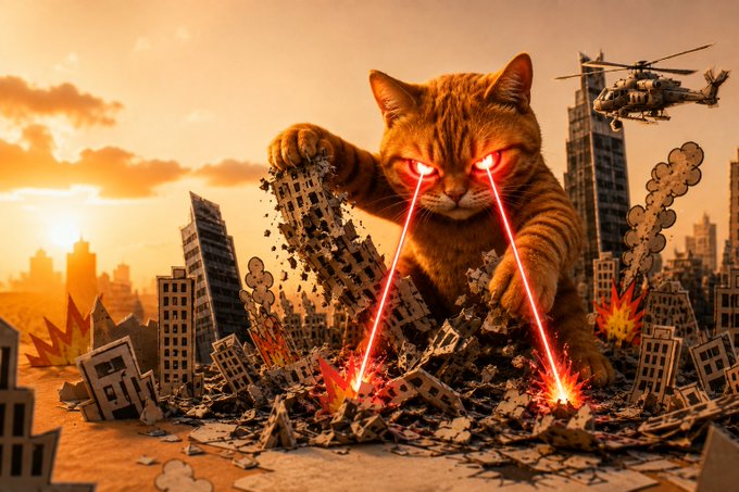 A dramatic illustration of a giant orange cat with glowing red laser-beam eyes destroying a city, with buildings crumbling, explosions, and a military helicopter in the background.