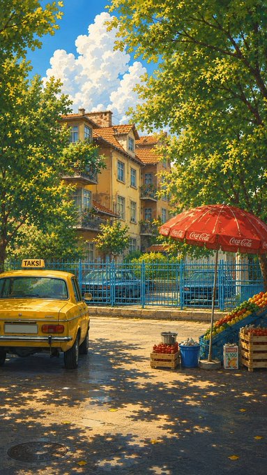 A vibrant street scene featuring a yellow taxi parked in front of a classic European-style building, with a fruit stand shaded by red Coca-Cola umbrellas beside blue metal fencing.