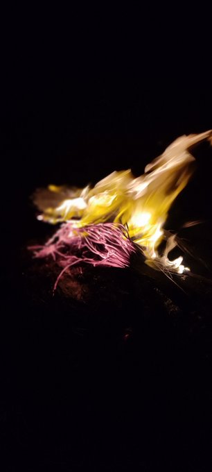 A photograph of flames burning brightly against a pitch-black background, illuminating what appears to be pink string or tassels.