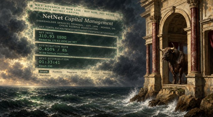 A cryptocurrency website screenshot for 'NetNet Capital Management' with shareholder services terminal established 1999 displays a price of 310.93 USDG backed by 172.63 USDG per NET, alongside a classical painting with stormy seas.