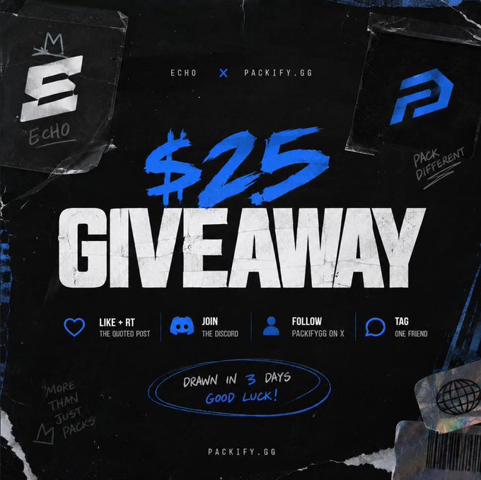 A bold black promotional graphic for a "$25 GIVEAWAY" collaboration between Echo and Packify.gg, featuring the tagline "PACK DIFFERENT" and listing entry steps to like/retweet a post, join the Discord, follow @PackifyGG, and tag a friend, with the giveaway drawn in 3 days at packify.gg—matching the post's $25 SOL prize announcement and entry instructions.