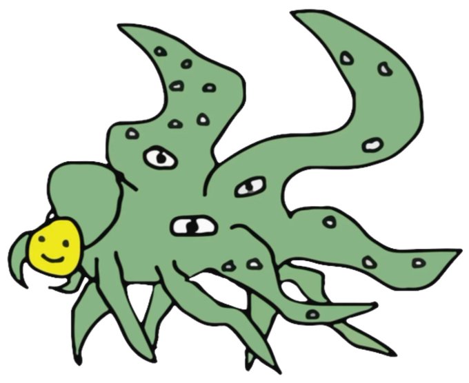 A cartoon-style illustration of a green octopus-like creature with multiple eyes across its tentacles and a small yellow smiling face on one of its arms.