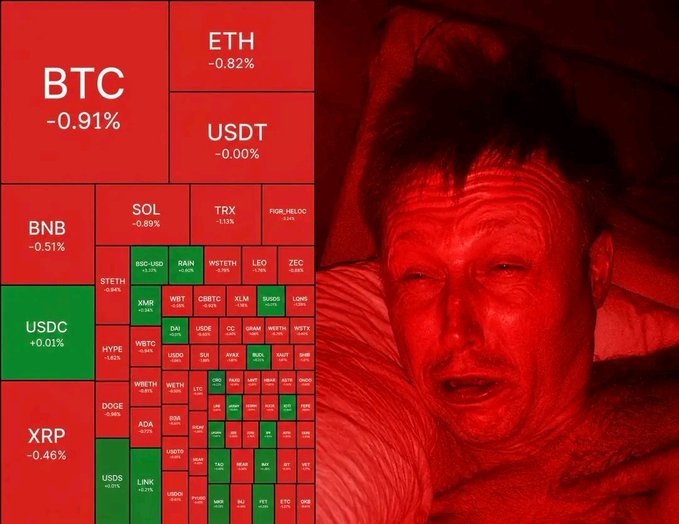 A crypto market heatmap showing mostly red (declining) prices including BTC -0.91%, ETH -0.82%, BNB -0.51%, XRP -0.46%, and SOL -0.89%, with USDC +0.01% in green, paired with a red-tinted photo of Elon Musk.