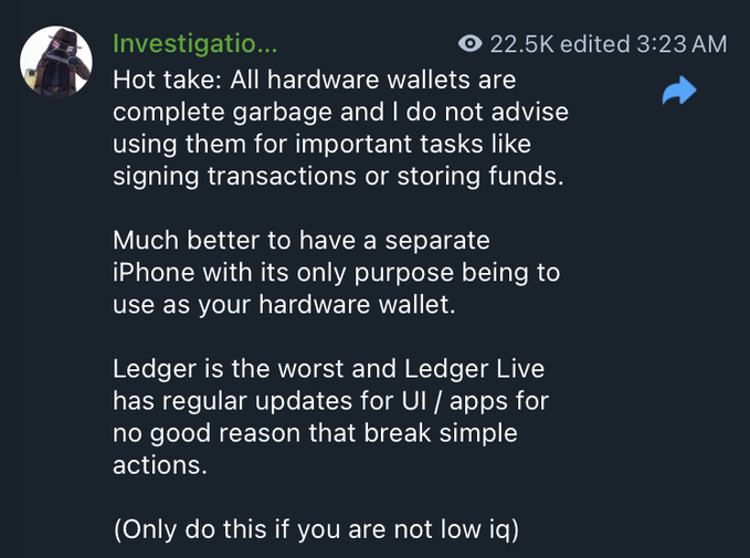 The image shows a Discord message from an anonymous user (22.5K) posted at 3:23 AM titled "Investigation" where they critique hardware wallets and endorse using a dedicated iPhone instead, specifically calling Ledger the worst. This relates to the accompanying post by referencing ZachXBT's take that a properly isolated iPhone with strict software discipline can achieve high security, countering the common belief that hardware wallets are the only secure option for storing crypto and signing transactions.