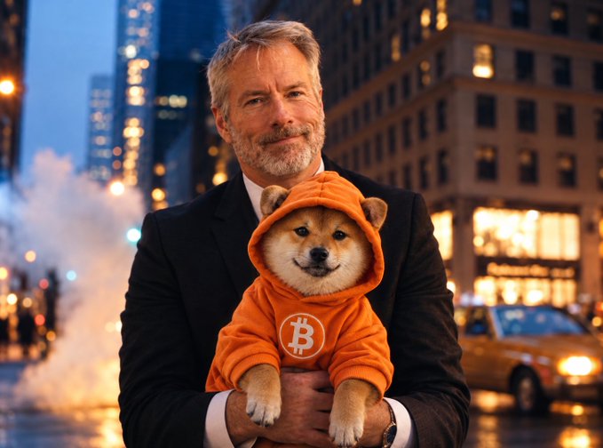 An AI-generated image of a gray-haired man in a dark suit holding a Shiba Inu dog wearing an orange hoodie with a Bitcoin logo, set against a city street background at dusk.
