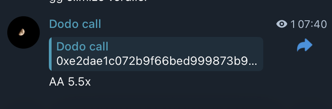 A Telegram message notification showing 'Dodo call' with an address starting '0xe2dae1c072b9f66bed999873b9...' and 107:40 views.
