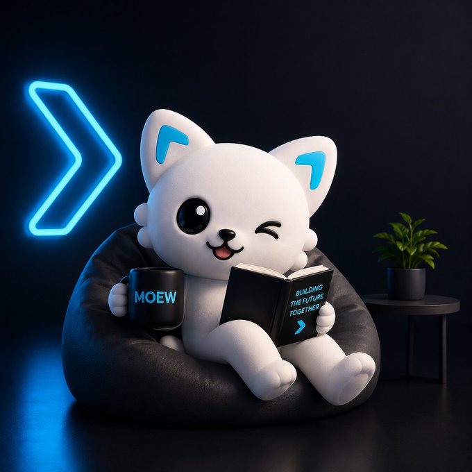 A white 3D-rendered cartoon cat sits in a beanbag chair holding a black 'MOEW' mug and a book titled 'BUILDING THE FUTURE TOGETHER', with a glowing blue chevron symbol on the wall.