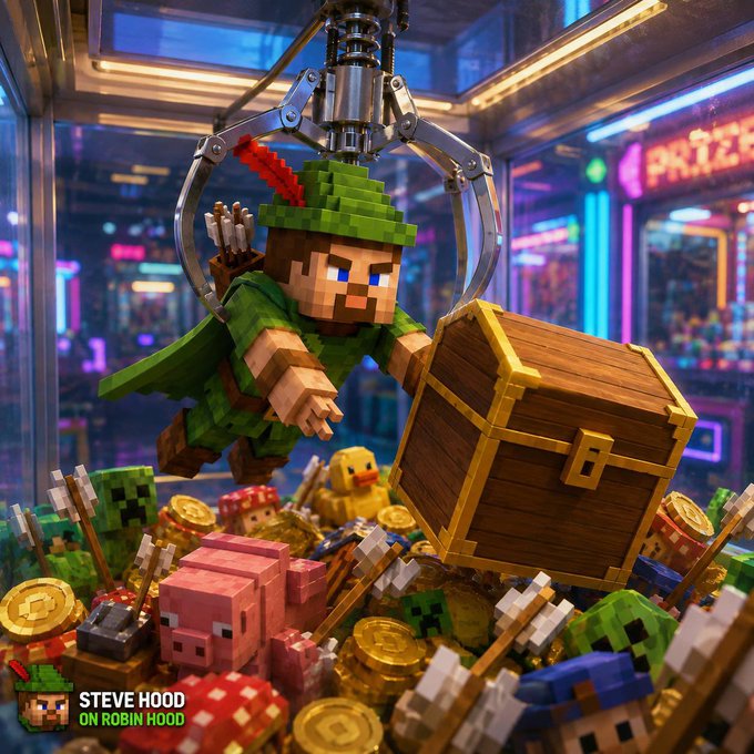 Promotional artwork for Minecraft showing a blocky Steve character as Robin Hood with a green hat and feather, holding a treasure chest over a pile of gold coins, pigs, and creepers, with text 'STEVE HOOD ON ROBIN HOOD'.