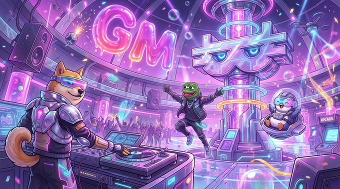 A vibrant arcade scene shows a Shiba Inu DJ, a Pepe frog, and a seal pup partying under glowing "GM" and "茶" (tea) neon signs, with a crowd celebrating in the background. The "GM" text ties directly to the post's greeting, while the festive, reward-filled atmosphere mirrors the call to "focus up, rewards ahead."