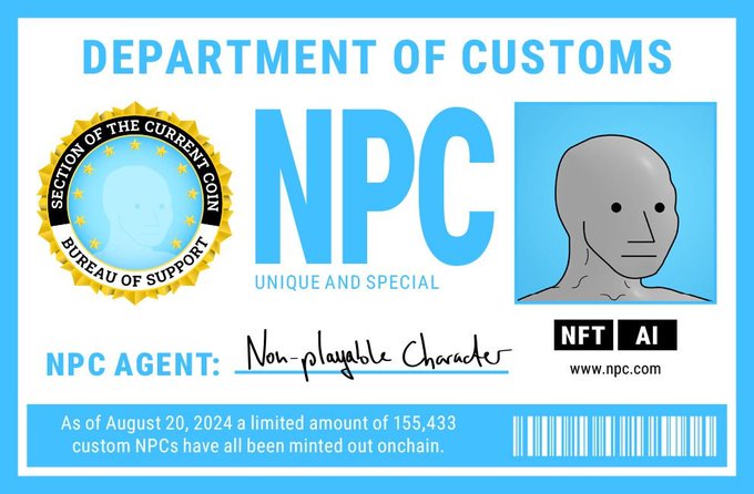An 'NPC DEPARTMENT OF CUSTOMS' ID card for a 'Non-playable Character' featuring an 'NPC AI' NFT badge, noting that as of August 20, 2024, a limited amount of 155,433 custom NPCs have been minted onchain.