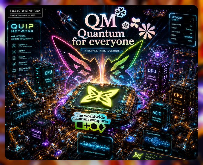 A futuristic digital advertisement displays 'QM Quantum for everyone' with neon graphics of a quantum computer chip, alongside labels like 'QUIP NETWORK', 'GPU PARALLEL POWER', and 'QPU QUANTUM ACCELERATE'.