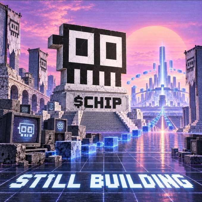 A pixel-art style digital illustration shows a large skull-like monument labeled '$CHIP' amidst ruins, with the text 'STILL BUILDING' displayed at the bottom against a pink sunset.