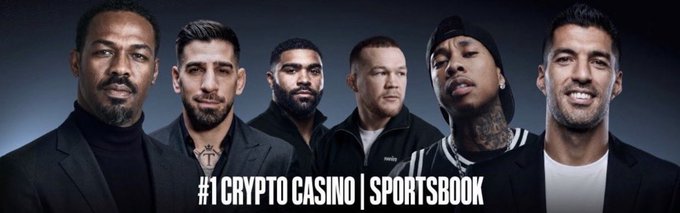 A promotional banner for a '#1 CRYPTO CASINO | SPORTSBOOK' featuring a lineup of six male celebrities and athletes against a dark background.