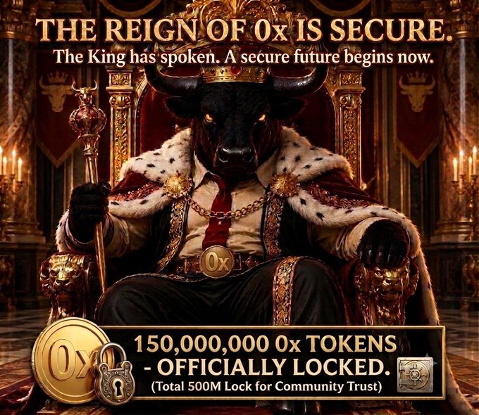 A regal bull-headed king wearing a crown and fur-lined royal robe sits on an ornate throne holding a scepter, with text announcing "THE REIGN OF 0x IS SECURE. The King has spoken. A secure future begins now," and a banner showing "150,000,000 0x TOKENS - OFFICIALLY LOCKED. (Total 500M Lock for Community Trust)." The image visually reinforces the post's claim of developer transparency by depicting an "officially locked" 500M $0x token reserve, using royal imagery to convey security and trustworthiness of the on-chain holdings.
