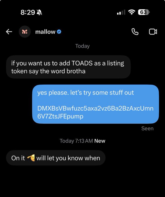 A screenshot of a messaging app conversation with 'mallow' where they discuss adding 'TOADS' as a listing token and share a string starting with 'DMXBsVBwfuzc5axa2vz6Ba2BzAxcUmn6V7ZtsJFEpump'.