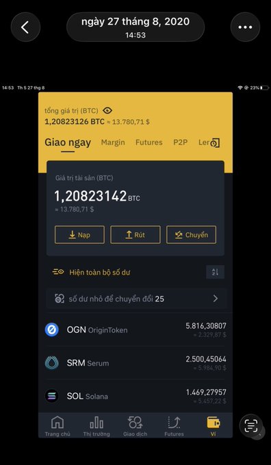 A screenshot of a cryptocurrency exchange app dated August 27, 2020, showing a BTC balance of 1.20823126 BTC and holdings in OGN (OriginToken), SRM (Serum), and SOL (Solana).