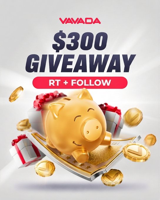 This image features a vibrant poster for a $300 giveaway hosted by Vavada, with a cute piggy bank sitting prominently within the scene. The background of the poster appears to be white, but underneath it are three red gift boxes filled with gold coins. A text overlay on the image reads "$300 Winify x Vavada Community Giveaway #SOL each Follow @WinifyGG & @VavadaRewards Retweet this post Rolls on the 16th Check replies to see how you can enter more than once". This encourages viewers to share their posts or enter the giveaway as many times as they wish in order to win $300.