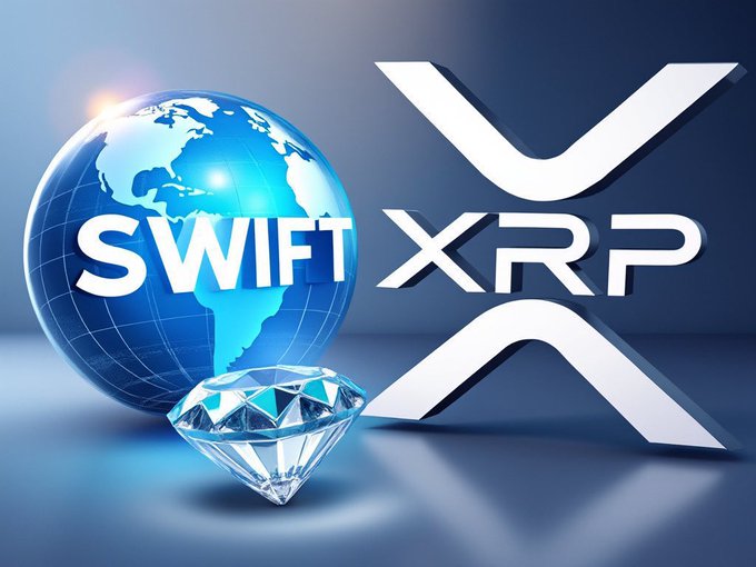 The image features a large blue globe with the word "Swift" written above it, along with an XRP symbol below it. The background of the image is dark gray, which contrasts with the bright colors of the globe and the text. The phrase "MASSIVE: SWIFT’S remittances are upgrading with at least 25 riple-partner banks this month! $XRP COULD BE CHOSEN AS A SETTLEMENT ASSET DUE TO THE HIGHLY-DEMANDED ON-DEMAND LIQUIDITY (ODL), DIRECTLY TIED TO THE OG ALTCOIN!" suggests that the image is related to cryptocurrency or online payments. The presence of a diamond in the center of the image adds an element of luxury and rarity, which could be associated with the Swift cryptocurrency.
