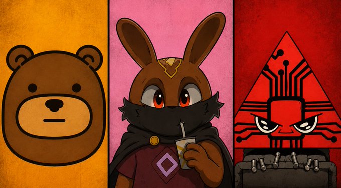 A triptych illustration features a brown bear on an orange background, an anime-style bunny wearing a mask and sipping a drink on pink, and a red triangular circuit-chip character with clenched fists on red — collectively representing the memecoin lineup (PEPE, $BUBBLE, and an AI/tech token) referenced in the promo. The promo urges users to join the Avax memecoin $Bubble before reservations close, using the referral code "BB-EGDQ."