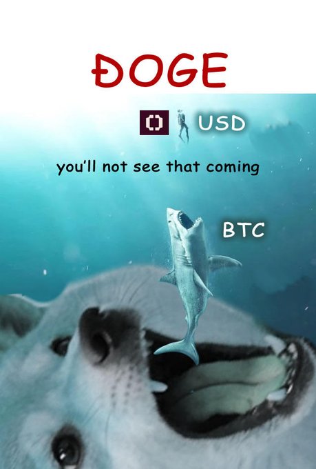 A meme featuring the word "DOGE" above an underwater scene where a great white shark labeled "BTC" leaps toward a small distant figure labeled "USD," with the caption "you'll not see that coming." The imagery illustrates the post's argument that USD is losing global dominance while DOGE positions itself as a decentralized, global medium of exchange, staying ahead of centralized alternatives.