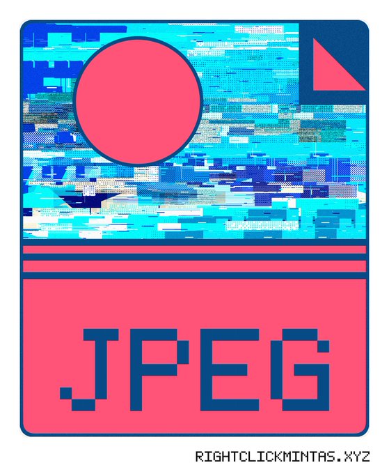 A glitch-style graphic poster in pink and cyan featuring the text 'JPEG' and the URL 'RIGHTCLICKMINTAS.XYZ'.