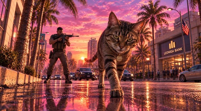 An AI-generated image shows a large tabby cat with a gold medallion walking down a wet city street at sunset, while an armed soldier stands guard nearby and a 'LEONIDA BANK' building is visible.