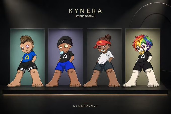 Four stylized cartoon characters with oversized feet stand in illuminated display cases beneath the text "KYNERA — BEYOND NORMAL," with "KYNERA.NET" shown below and a large "K" monogram in the background. The image appears unrelated to the post about Arc mainnet launching and CRCL/circle-backed chains, serving instead as a branded or unrelated illustration accompanying the commentary.