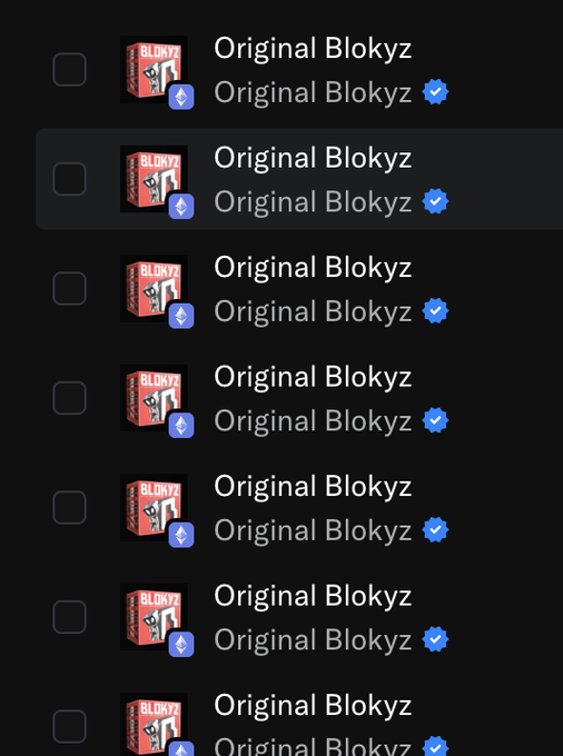 A list of multiple "Original Blokyz" NFT listings, each marked with a verified checkmark and an Ethereum (ETH) cryptocurrency icon, corresponding to the tweet about Turks purchasing Original Blokyz NFTs at a discount during the 0.11–0.13 ETH mint phase.