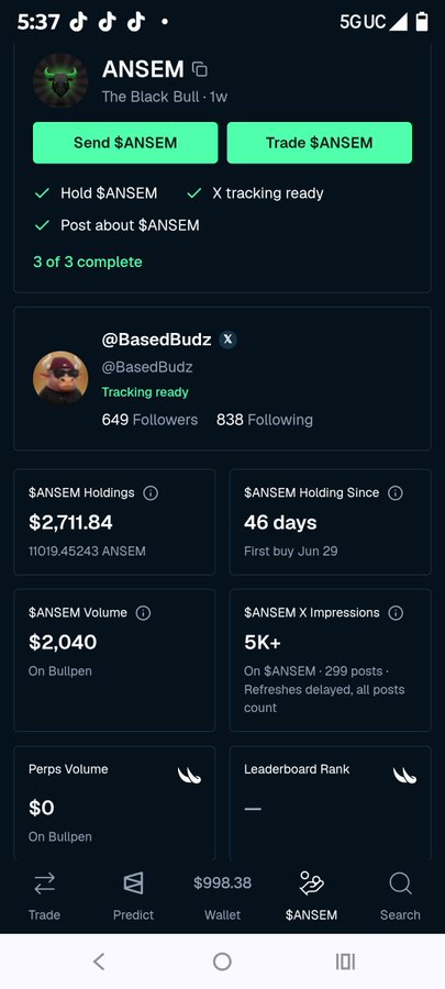 Mobile app screenshot showing $ANSEM (The Black Bull) token tracking with holdings of $2,711.84 (11019.45243 ANSEM), 46 days held, $2,040 volume on Bullpen, and 5K+ X impressions.