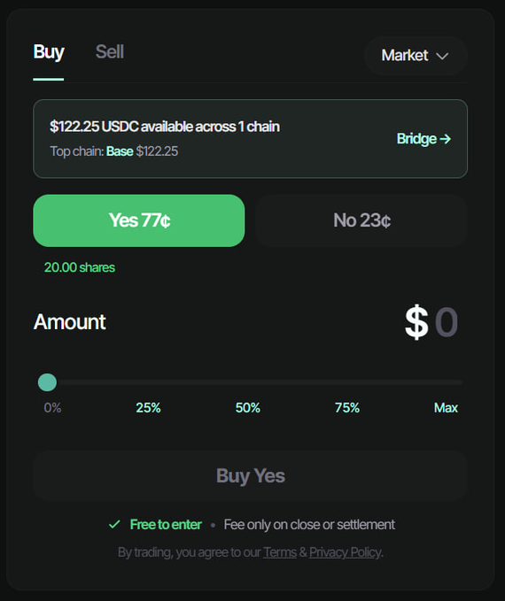 ursd exchange platform with a green "Yes" button and a black screen displaying the transaction details, including $12.25 USDC available across 1 chain Base Price $12.25, Top Chain Base Fee $0.75, No 23, 20 shares, 75% maximum gain or loss.