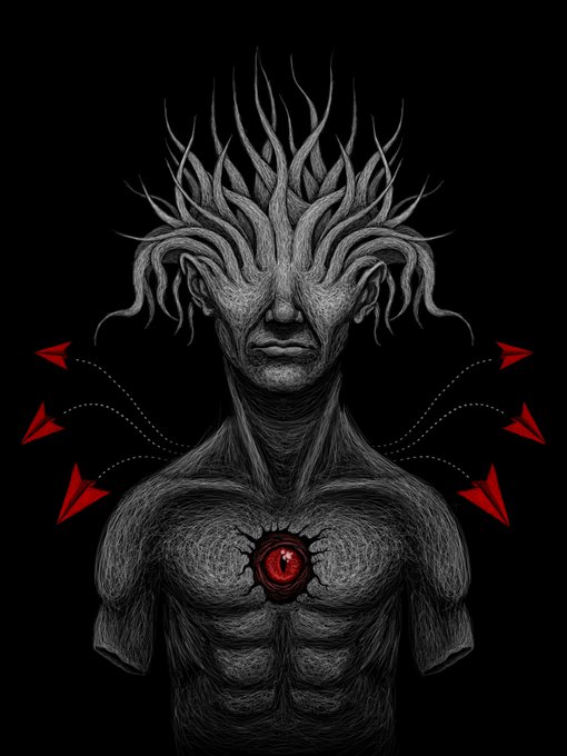 A surreal black-and-white illustration of a humanoid figure with branch-like growths covering its eyes and a glowing red heart in its chest.