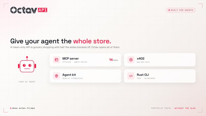 Octav API promotional graphic with the tagline 'Give your agent the whole store,' featuring a robot mascot and four feature cards: MCP server (14 tools), x402, Agent kit, and Rust CLI.