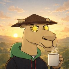 An animated dinosaur character wearing a traditional conical hat and glasses holds a steaming cup of coffee against a sunrise backdrop, fitting the cheerful "gm frens let's go get it today" good morning greeting.