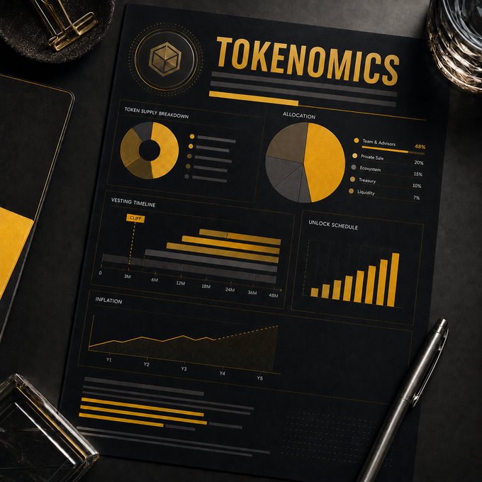 A stylized "TOKENOMICS" infographic displays token supply breakdown, allocation pie chart (Team & Advisors 45%, Private Sale 20%, Ecosystem 15%, Treasury 10%, Liquidity 7%), vesting timeline with a 3-month cliff, unlock schedule, and multi-year inflation rate, illustrating the key metrics investors should scrutinize before committing to a crypto project.